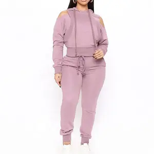 OEM oversize drop off shoulder hoodie tracksuit sweatpants and crop hoodie set training jogging sweatsuit set women