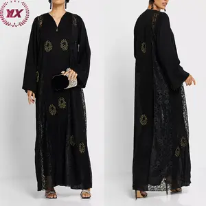 Fábrica Por Atacado Personalizado De Alta Qualidade V-Neck Embelezado Tecido Poliéster Aberto Manga Longa Modesto Abaya Mulheres Vestido Muçulmano