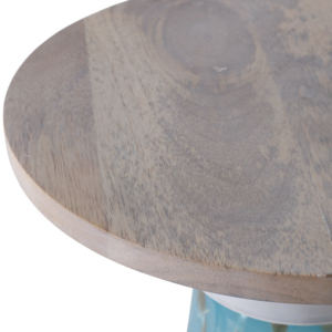 Mesa auxiliar moderna de vidrio con superficie de madera y base azul marmoleada para sala de estar o dormitorio - Product Image 6