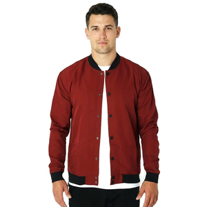 Blouson bomber pour homme, couleur rouge unie, manches longues, col montant, fermeture éclair, polyester tissé, imperméable, coupe-vent - Product Image 1