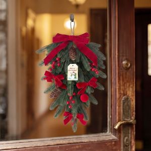 Christmas pine needle <b>wreath</b> hanging <b>wreath</b> velvet bow pine cone berry door decoration Christmas ornament - Product Image 1