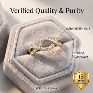 Bague en or blanc et or jaune massif 18 carats sur mesure avec nœud infini et diamants, sertissage micro-pavé entrelacé, bijoux fins faits sur mesure - Product Image 3