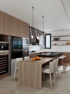 Meubles <span class=keywords><strong>de</strong></span> <span class=keywords><strong>cuisine</strong></span> gris bicolores à étagères ouvertes avec îlot <span class=keywords><strong>de</strong></span> <span class=keywords><strong>cuisson</strong></span> intégré - Solutions <span class=keywords><strong>de</strong></span> rangement contemporaines pour la <span class=keywords><strong>cuisine</strong></span> à domicile - Product Image 2