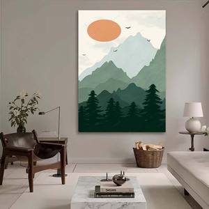 Pintura de montaña al atardecer con pájaros voladores-Tinta China paisaje lienzo arte Zen meditación decoración de pared para sala de estar - Product Image 4