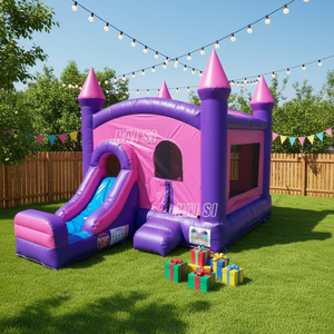 Château gonflable rose et violet avec toboggan, structure de saut combinée pour enfants, idéal pour la <span class=keywords><strong>location</strong></span> de fêtes - Product Image 1