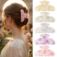Pince à cheveux esthétique 9 cm en acrylique à imprimé floral, avec poignée en résine brillante, design coquille, confortable, incassable, pour femme, idéale pour les fêtes, en carton