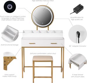 Wholesale Modern Wooden <strong>Small</strong> Makeup Vanity Drawer Bedroom <strong>Dressing</strong> <strong>Table</strong> with Light Mirror <strong>Stool</strong> for Living Room or Hotel Use - Product Image 6