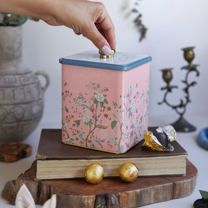 Kontensan ER0231G Pastel Pink 1.8L <b>Floral</b> Design Metal Square <b>Box</b> 120x120x137mm with Knob Handle - Product Image 3