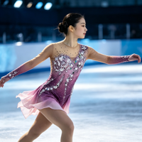 Robe de patinage artistique à manches longues en maille dégradée violet-rose, avec grand strass, dos en V et mousseline ondulée pour performance