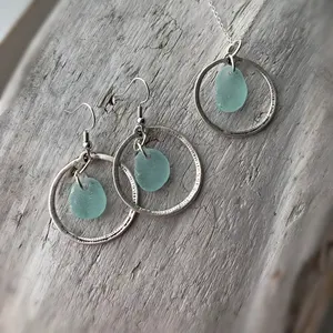 Sea Glass Earring and Necklace Set Aqua Blue Sea Glass Antiqued Hammered Hoops and a Chain