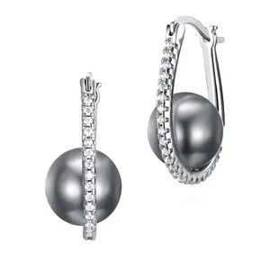 Tension Set Artificial Black Shell Tahitian Pearl Lever Back Clip Earrings Cluster Diamond Cz 925 Silver Ladies Hoop Earring