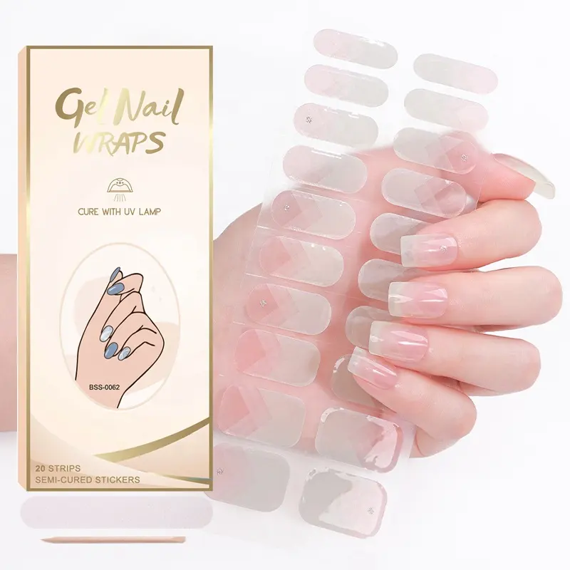 French Tips Gel Nail Wraps Factory Price Transparent Semi Cured Gel Nail Strips Gel Nail Sticker Kit With UV Lamp