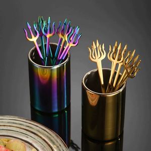 304 Stainless Steel Fruit Set High-End Titanium Plated Sea King Skewer Creative Home <b>Dessert</b> <b>Fork</b> Spoon Storage Tube - Product Image 2