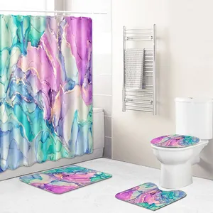 4 Piece Watercolor Marble Shower Curtain Set With Carpet Green Emerald Ink Machine Washable Digitally Printed Shower Curtain