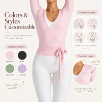 Haut de yoga croisé rose pour femme, à manches longues, style ballet, avec lien à nouer à la taille, coupe ajustée, pour le sport, la gym et le fitness