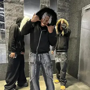 도매 지퍼 후드티 스트리트웨어 맞춤형 퍼 후드티 남성용 Y2K 스트리트웨어 후드티 - Product Image 3