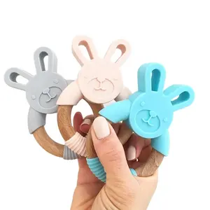 BPA Free Pure Food Grade Teething Organic Animal Bunny Natural Wood and Silicone Baby Teether Chew Toy Ring