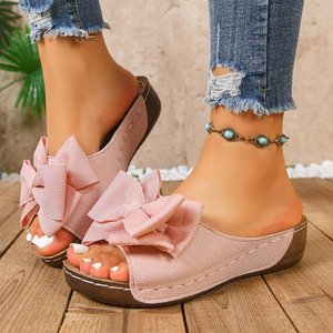 Plus Size Summer Wedge <b>Slippers</b> for Outdoor Wear Fashionable Bow Thick Sole One-strap PU Upper New Fish Mouth Sandals Women sand - Product Image 1