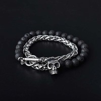 Pulsera con dije de calavera de piedra de lava para hombre, de acero inoxidable, con cadena de trigo y cierre de palanca, estilo gótico, motero, joyería oscura, regalo, venta al por mayor