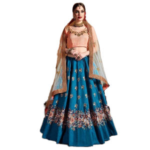 Lehenga choli ผ้าไหมดิบสีน้ำเงินอมเขียวพร้อมด้ายทำงานสำหรับเจ้าสาว - Product Image 1