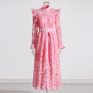 AELESEEN Elegante Abito Lungo in Pizzo <span class=keywords><strong>Azzurro</strong></span> <span class=keywords><strong>e</strong></span> <span class=keywords><strong>Rosa</strong></span> con Maniche Lunghe, Spalle Arricciate <span class=keywords><strong>e</strong></span> Cintura, Traforato con Fodera per Occasioni di Festa - Product Image 6