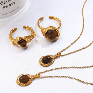 <b>Tiger's</b> <b>Eye</b> <b>Ring</b> And Necklace Set Natural Stone Bezel Setting Women's Party Jewelry Fashion Accessories Zinc Alloy - Product Image 1