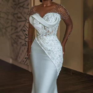 Robe de mariée élégante et moderne en dentelle blanche avec manches longues, coupe ajustée, longueur au sol, robe sirène pour les femmes africaines sexy et de beauté - Product Image 3