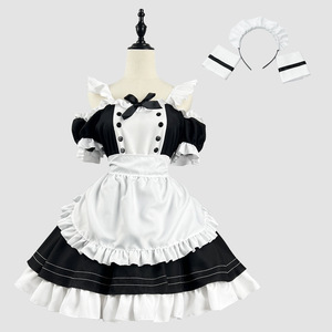 Cute Anime Lolita Maid Dress Black Polyester Summer 2023 Role Play Costume Set - Product Image 1
