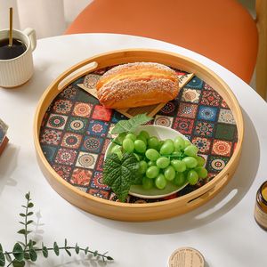 Plateau de service rond en bambou naturel, motif floral bohème, pour thé, café, collations, repas à la maison - Product Image 3