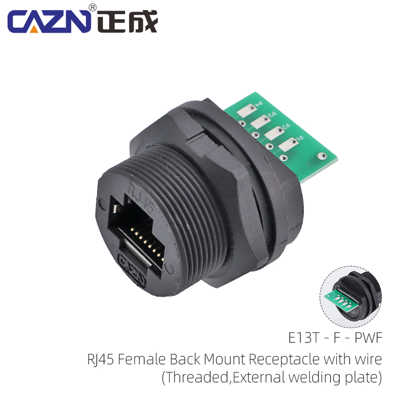 RJ45 female back mount receptacle with wire hole