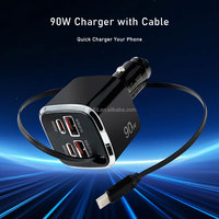 Chargeur de voiture multi-ports 90W Super Rapide 4 USB Type-C avec câble rétractable 30W PD QC3.0 Charge rapide pour iPhone Samsung