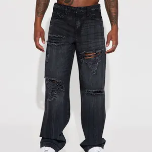 Bekleidungs hersteller Custom Logo Street Style Schwarz Loose Straight Pantalones Ripped Baggy Jeans