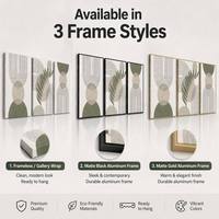 Lot de 3 tableaux encadrés style bohème, motifs géométriques et feuilles de palmier, rose poudré, vert sauge, décor abstrait tons terreux pour salon