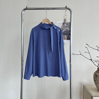 Nouvelle Blouse Femme Coréenne 2026 en Coton Bleu à Carreaux Tie-Dye à Manches Longues Coupe Droite Printemps – Haut Élégant et Tendance
