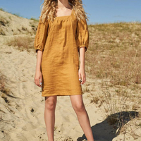Robe mi-longue Offre Spéciale pour femmes à la mode manches demi-bouffantes solide col carré décontracté robe trapèze lin coton sans bretelles