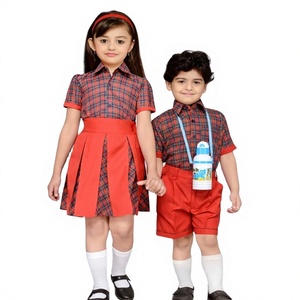 Cotton School Uniform Set for Kids Boys Girls Primary Checkered Dress Shorts Pink Shirt <b>White</b> Socks - Product Image 3