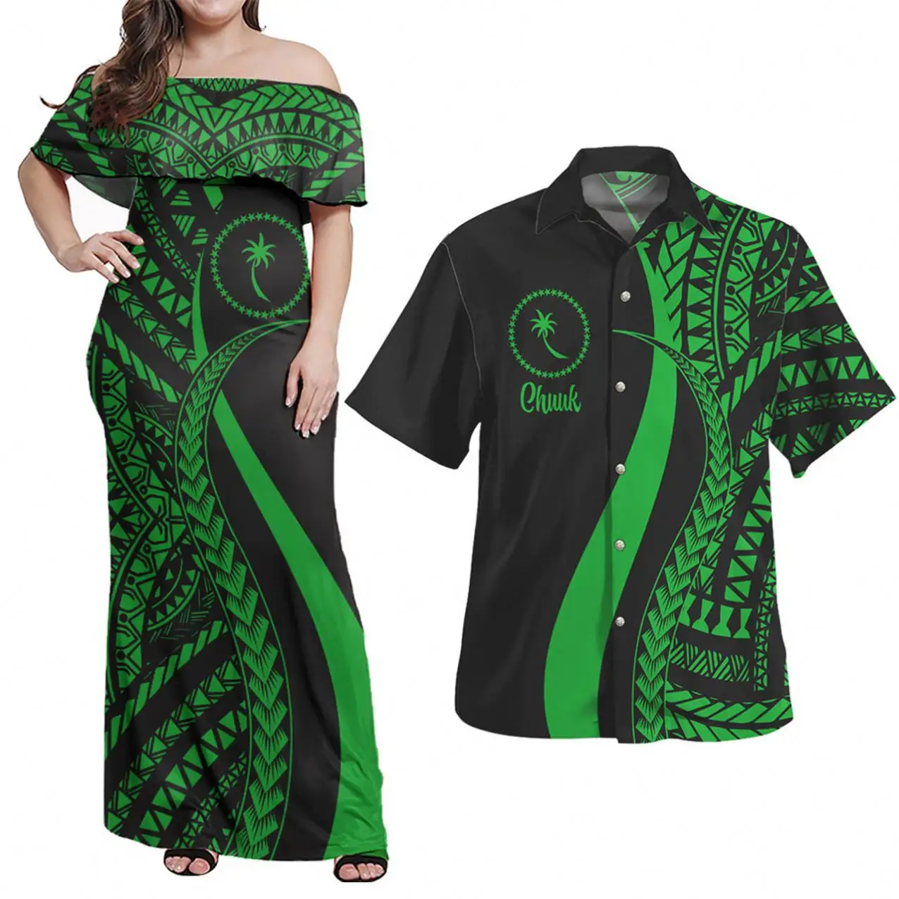 Chuuk 콤보 원피스 셔츠 Micronesian 부족 패턴 녹색 숙녀 드레스 남자의 하와이 셔츠 드롭 배송 의류 세트