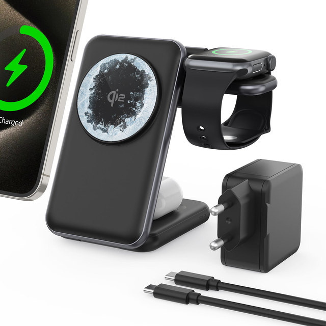 25W Magnetic 3-in-1 Wireless Charger with Semiconductor Cooling Foldable Design Fast Charging Mobile Phone Stand