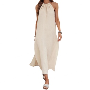 Customized OEM High Quality Womens <b>Dress</b> Woven Casual Design Large Backless Seaside Vacation Hanging Neck Beach <b>Dresses</b> - Product Image 5