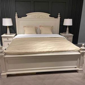 French Vintage Solid Wood Bed <b>Frame</b> with Curved Headboard, Retro Black Wooden Bed with Turned Posts for Bedroom Furniture - Product Image 1