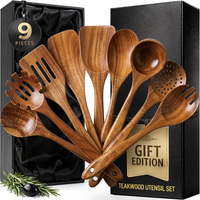 Ensemble de 9 ustensiles de cuisine en bois de teck naturel pour la cuisson, boîte cadeau haut de gamme, prise en main confortable, résistant à la chaleur, cuillères antiadhésives