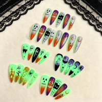 Faux ongles lumineux d'Halloween à presser, boîte de 4 compartiments, imprimés en 3D, longs stilettos, qui brillent dans le noir, motifs citrouille, araignée, fantôme