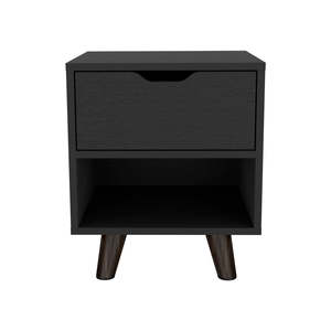 Modern Nightstand 19H Black Drawer <b>Open</b> Shelf Wooden Legs Bedroom <b>Storage</b> - Product Image 3