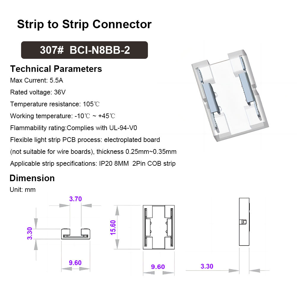 307 #8mm 2Pin tira para tira