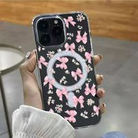 Coque en TPU transparente avec motif floral et nœud rose mignon pour iPhone 17 Air, compatible avec iPhone 15 Pro Max, étui magnétique avec protection antichoc