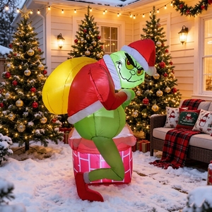 <span class=keywords><strong>Grinch</strong></span> Inflable de Navidad de Fábrica, Escalando <span class=keywords><strong>por</strong></span> la Chimenea, Bolsa de Regalo, con Luces LED, Impermeable, de Poliéster, 6 Pies, Decoración para Jardín Exterior - Product Image 1