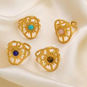 Anillo de Acero Inoxidable Abierto con Bisel de Estrella de Ocho Puntas Retro Europeo-Americano, con Piedra Natural, Joyería de Moda Unisex, Regalo - Product Image 1