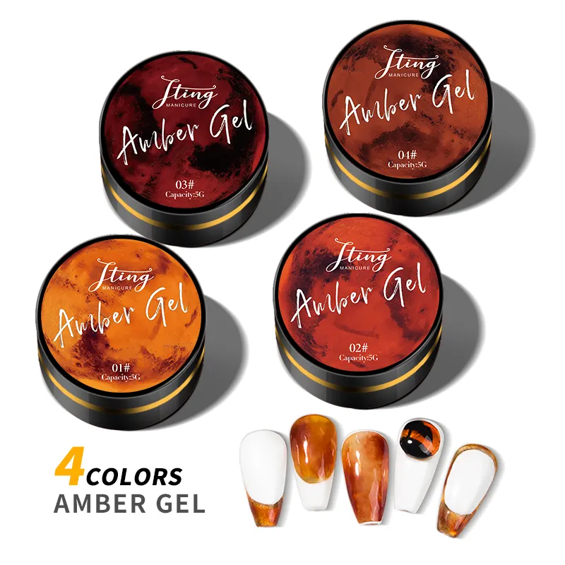 JTING Kutek Gel Kuning Bening, Pemoles Kuku Gel Kaleng Gaya Jepang 5G OEM 4 Warna Efek Gradien Amber Bening