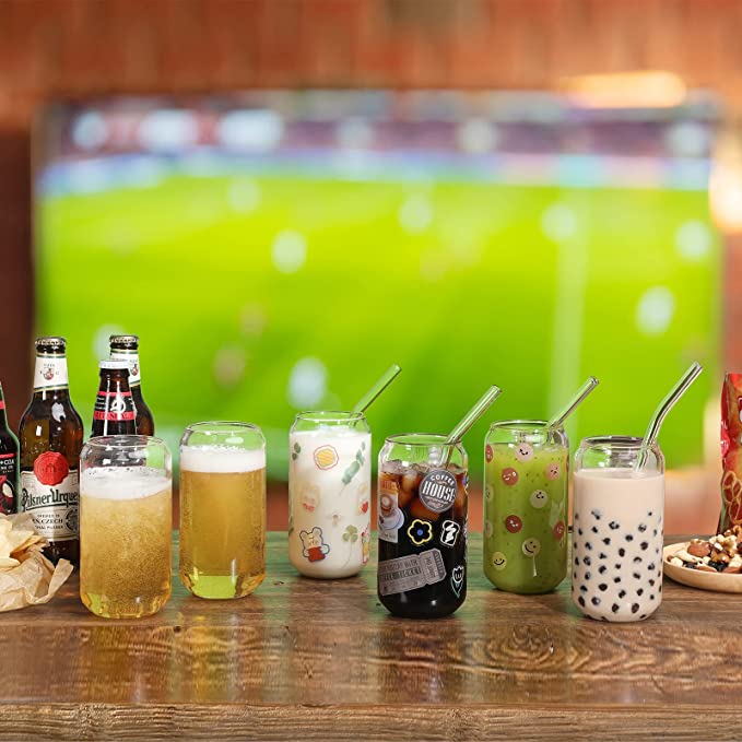 With Straw 16oz Can Shaped  Cups Beer Glasses, Iced Coffee Glasses, Cute Tumbler Cup