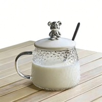 Mug à café en verre martelé de 400 ml avec poignée et couvercle en forme d'ours, design élégant, tasse en verre en forme d'ours avec cuillère